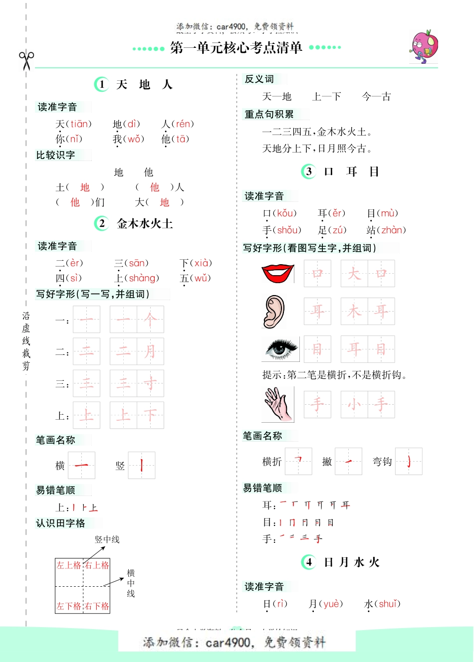 一（上）语文第一单元核心考点清单+.pdf_第1页