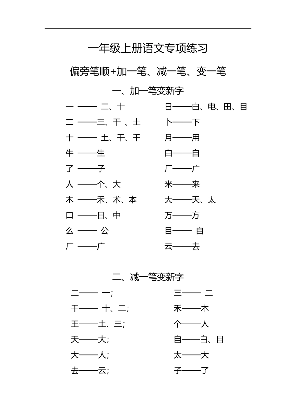 一（上）语文专项练习：偏旁笔顺+加一笔、减一笔、变一笔.pdf_第1页