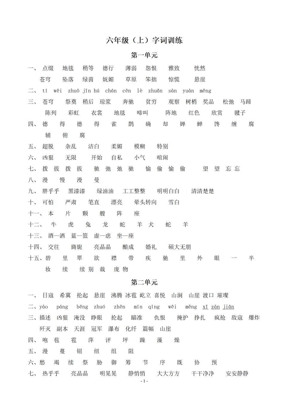 （参考答案）六（上）语文：同步单元字词.字形.字音字义专项.pdf_第1页