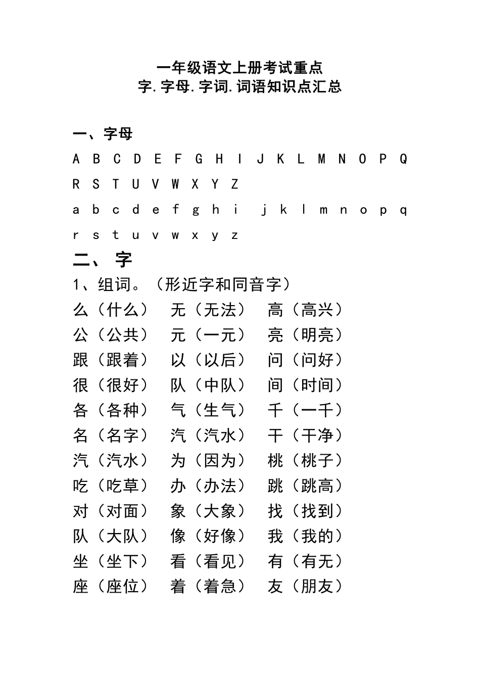 一（上）语文期末 考试重点字.字母.字词.词语知识点汇总(1).pdf_第1页