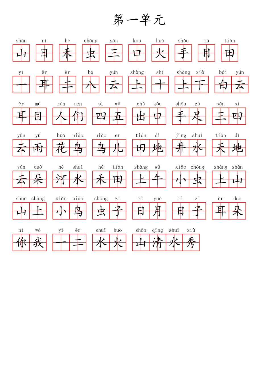 一（上）语文第一单元生字扩词词语表（看拼音写词语）.pdf_第2页