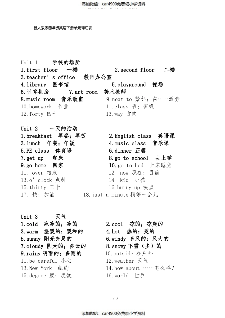 新人教版四年级英语下册单元词汇表（）.pdf_第1页