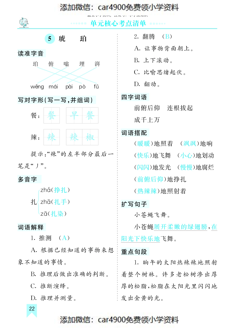 第二单元核心考点清单（添加微信：car4900免费领小学资料）(1).pdf_第1页