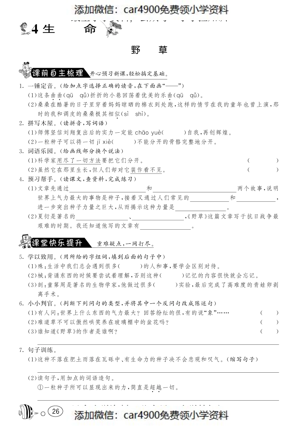 课课练·4 野草（网资源）（添加微信：car4900免费领小学资料）.pdf_第1页