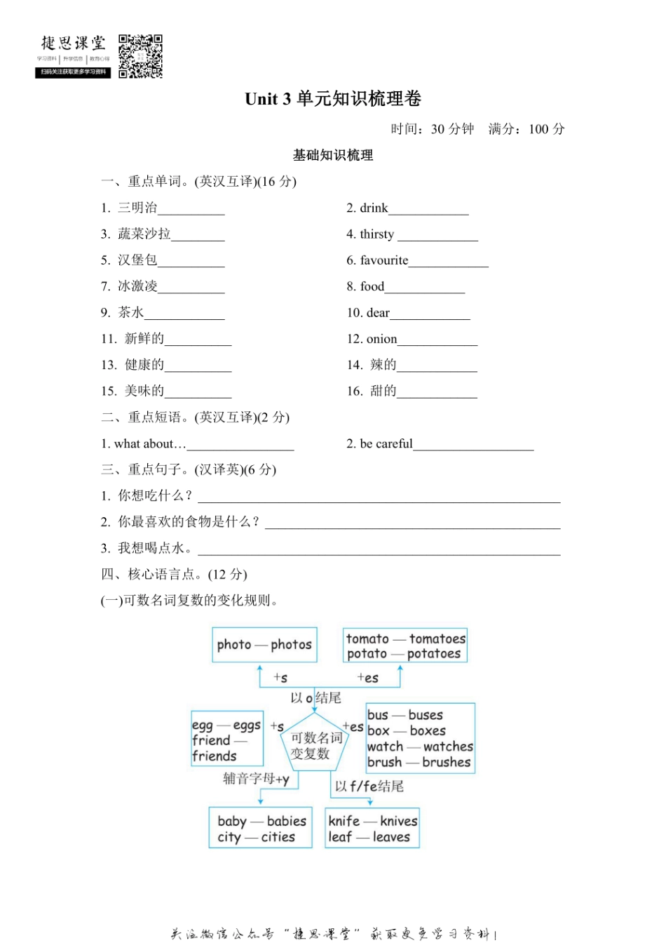 五年级上册英语人教PEP版Unit3单元知识梳理卷本（含答案）.pdf_第1页