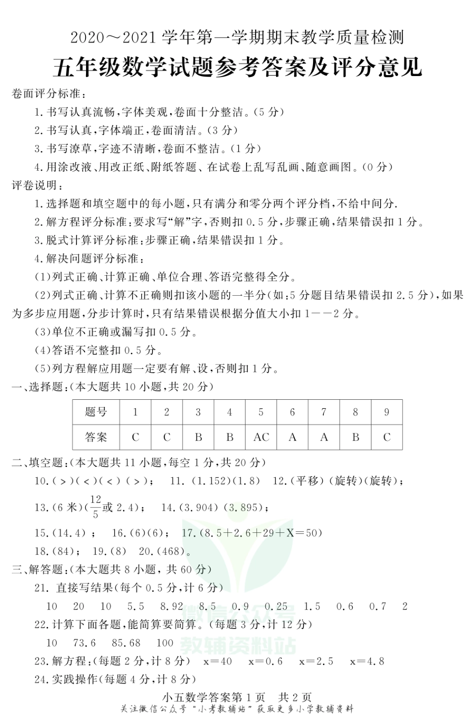 山东省德州市禹城市数学五年级第一学期期末教学质量检测 2020-2021学年（青岛版）答案.pdf_第1页