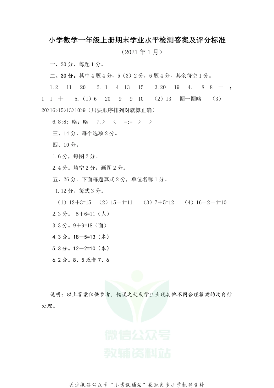 山东省滨州市无棣县数学一年级第一学期期末学业水平检测 2020-2021学年（青岛版）答案.pdf_第1页