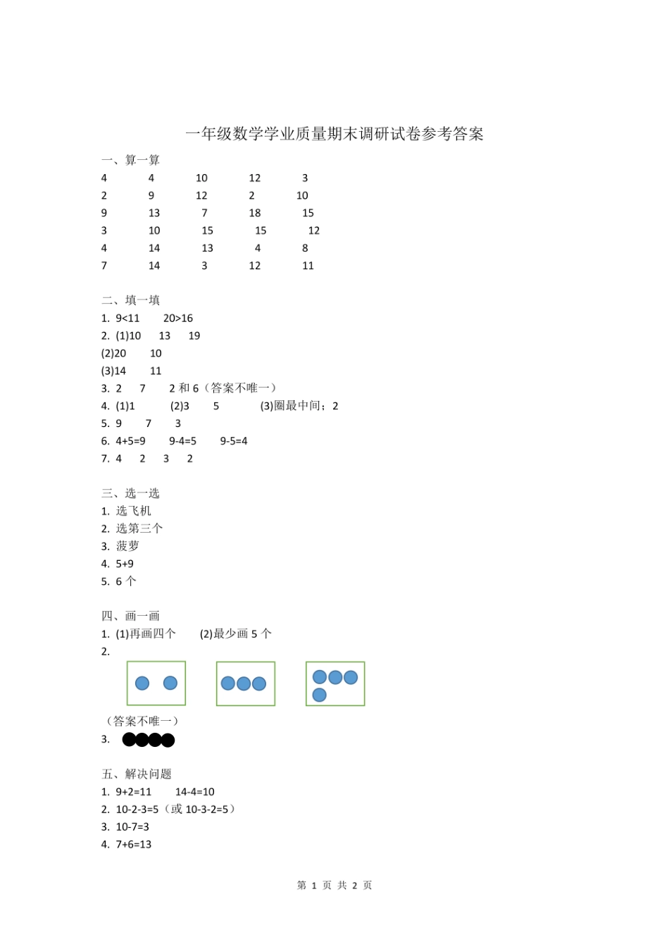 江苏省连云港市数学一年级第一学期期末学业质量调研 2020-2021学年（苏教版）答案.pdf_第1页