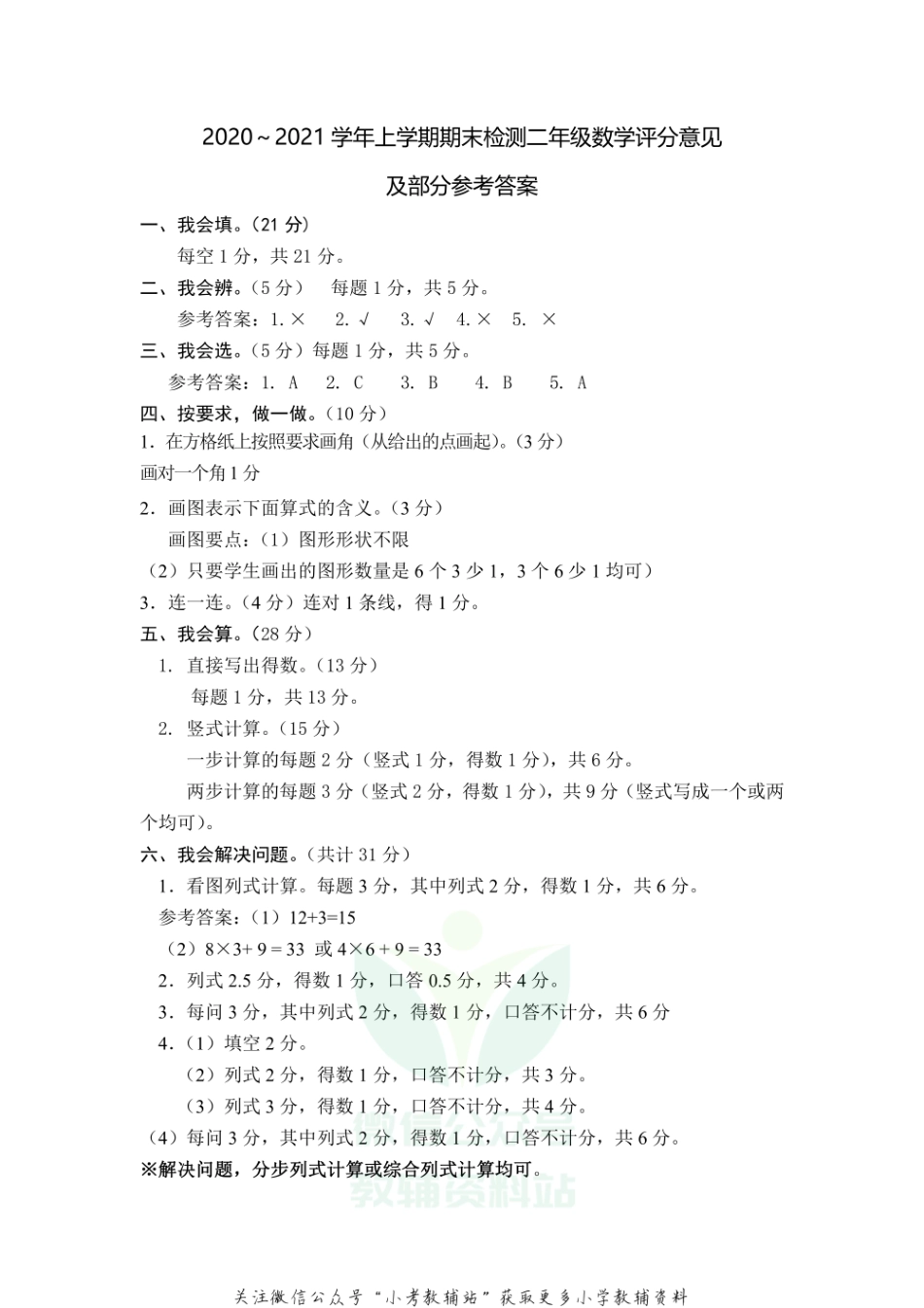 【真题】云南省昆明市官渡区数学二年级上学期期末试题 2020-2021学年人教版答案.pdf_第1页