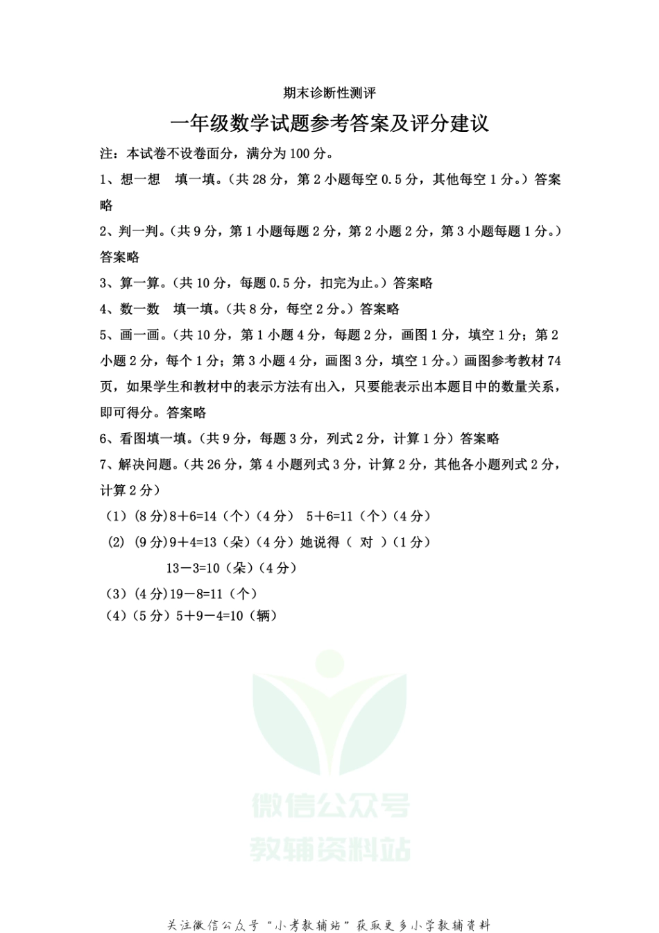 山东省枣庄市薛城区数学一年级第一学期期末诊断性测评 2020-2021学年（青岛版）答案.pdf_第1页