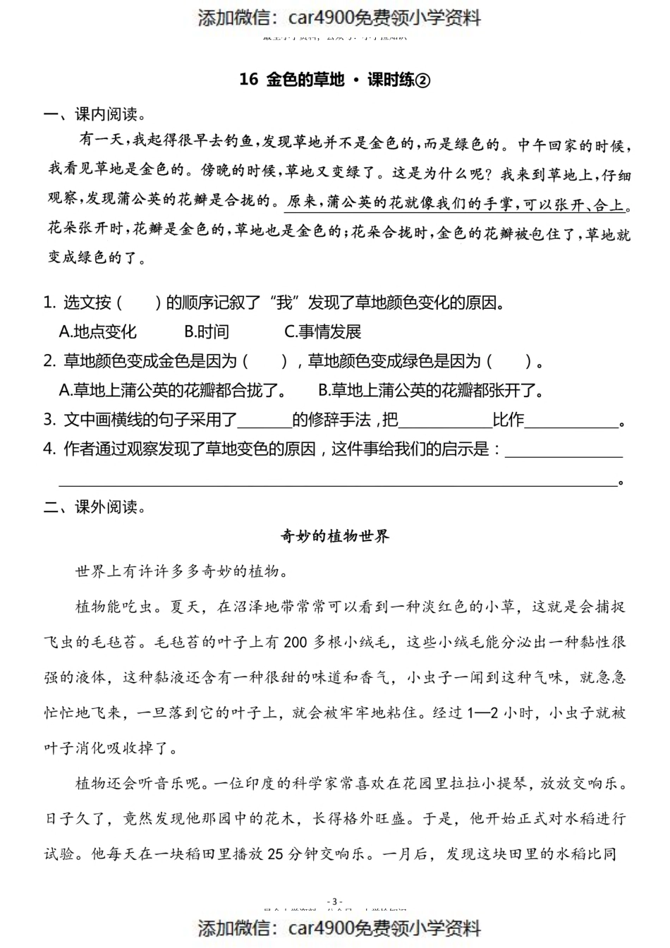 三（上）《第16课 金色的草地》一课一练（）.pdf_第3页