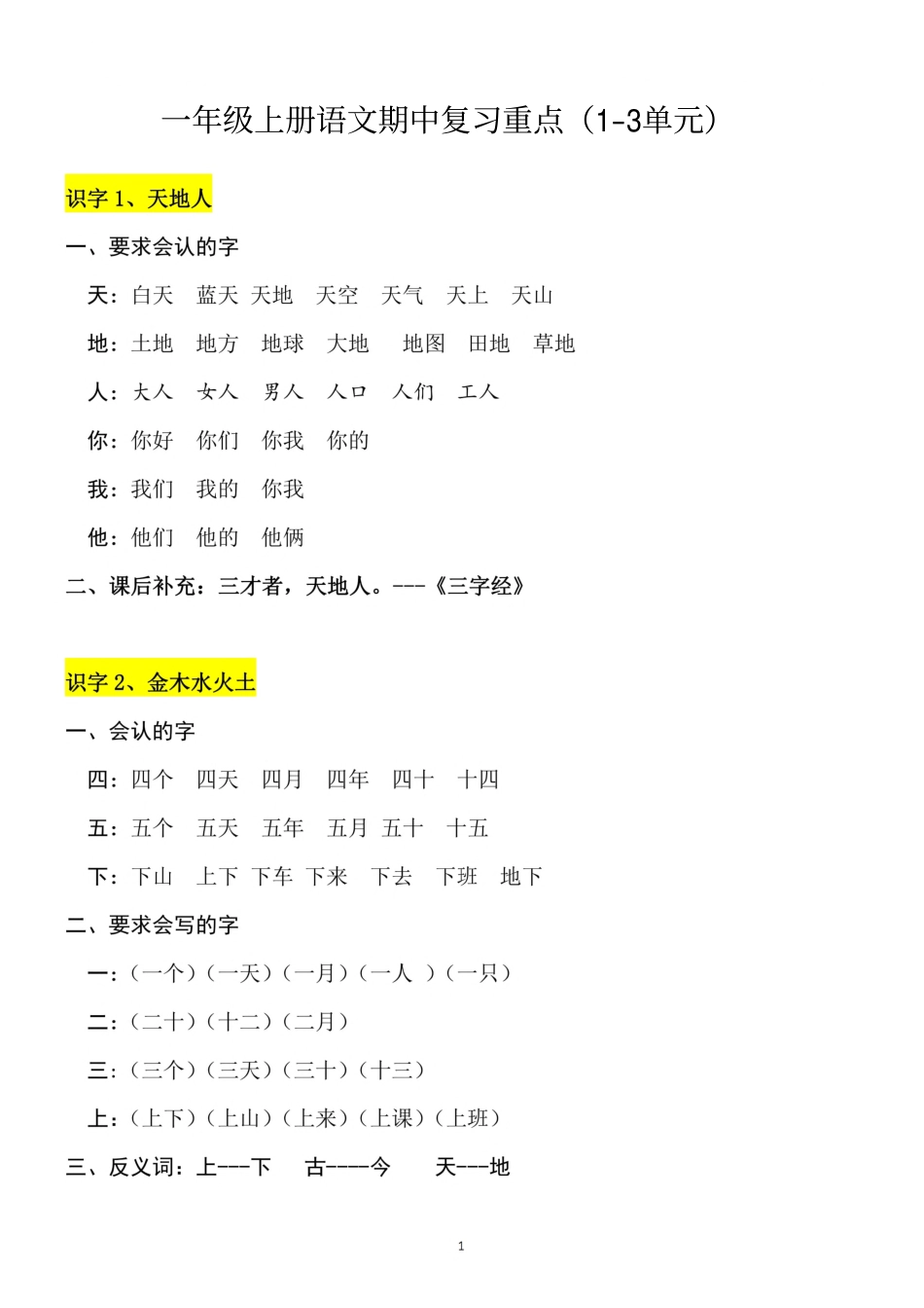 一（上）语文 1-3单元（每课）知识要点.pdf_第1页