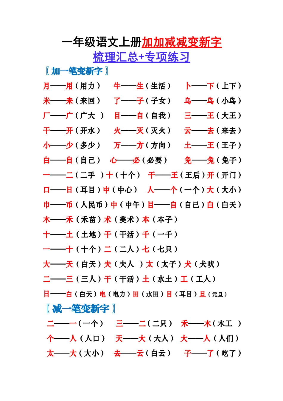 9.16 一上语文-加加减减变新字梳理汇总+专项练习.pdf_第1页