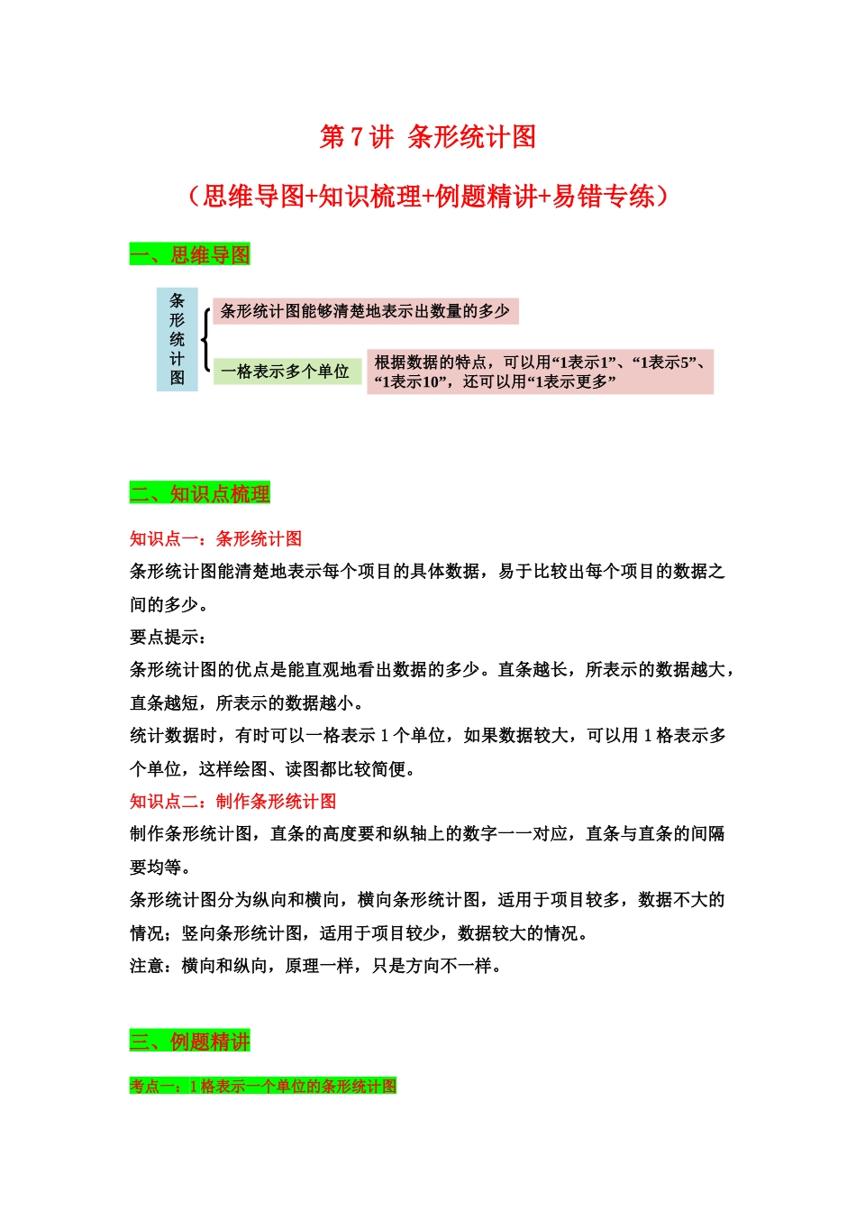 【典例精讲】第7讲 条形统计图-四年级上册数学精品讲义（思维导图+知识梳理+例题精讲+易错专练）人教版（含答案）.docx_第1页