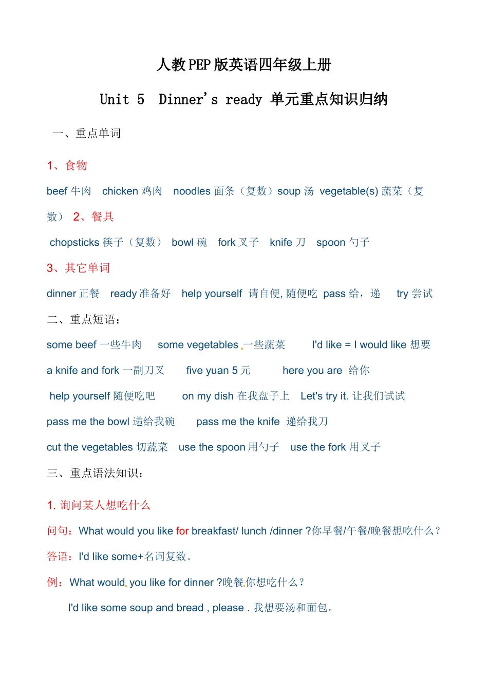 【考点一网打尽】四年级上册英语单元重点知识归纳-Unit 5Dinner's ready 人教PEP.docx_第1页