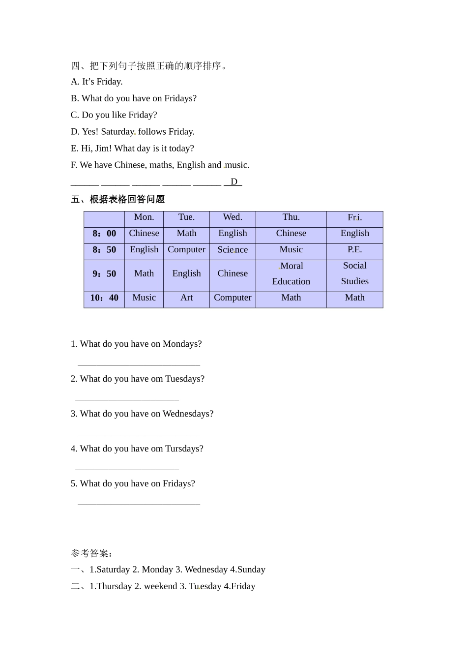 【分层训练】五年级上册英语课时练习-Unit 2 My week 第二课时人教PEP（含答案）.doc_第2页