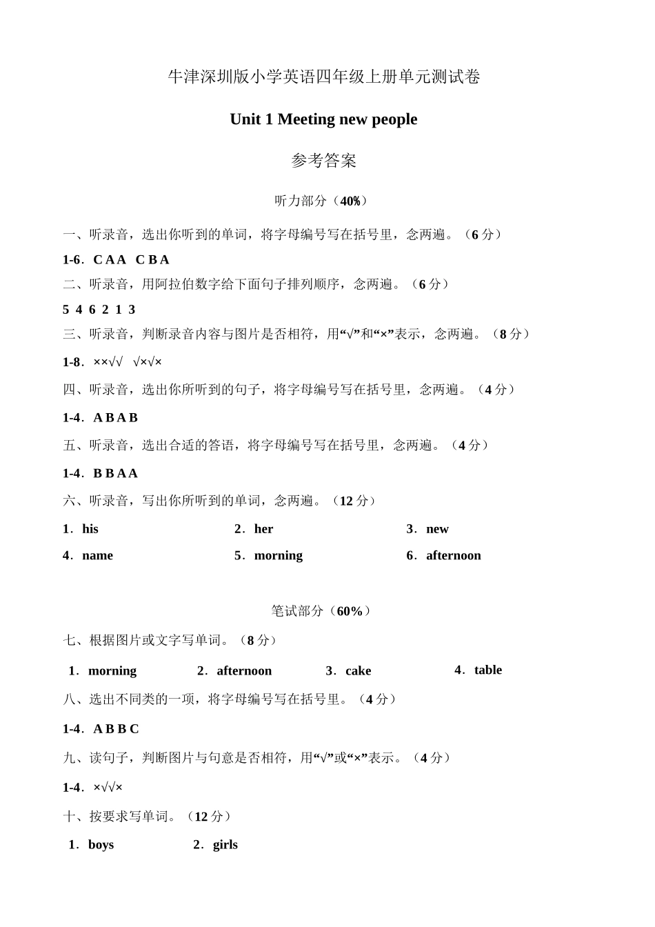 （参考答案）牛津深圳版四年级上册Unit 1 Meeting new people 单元测试卷.doc_第1页