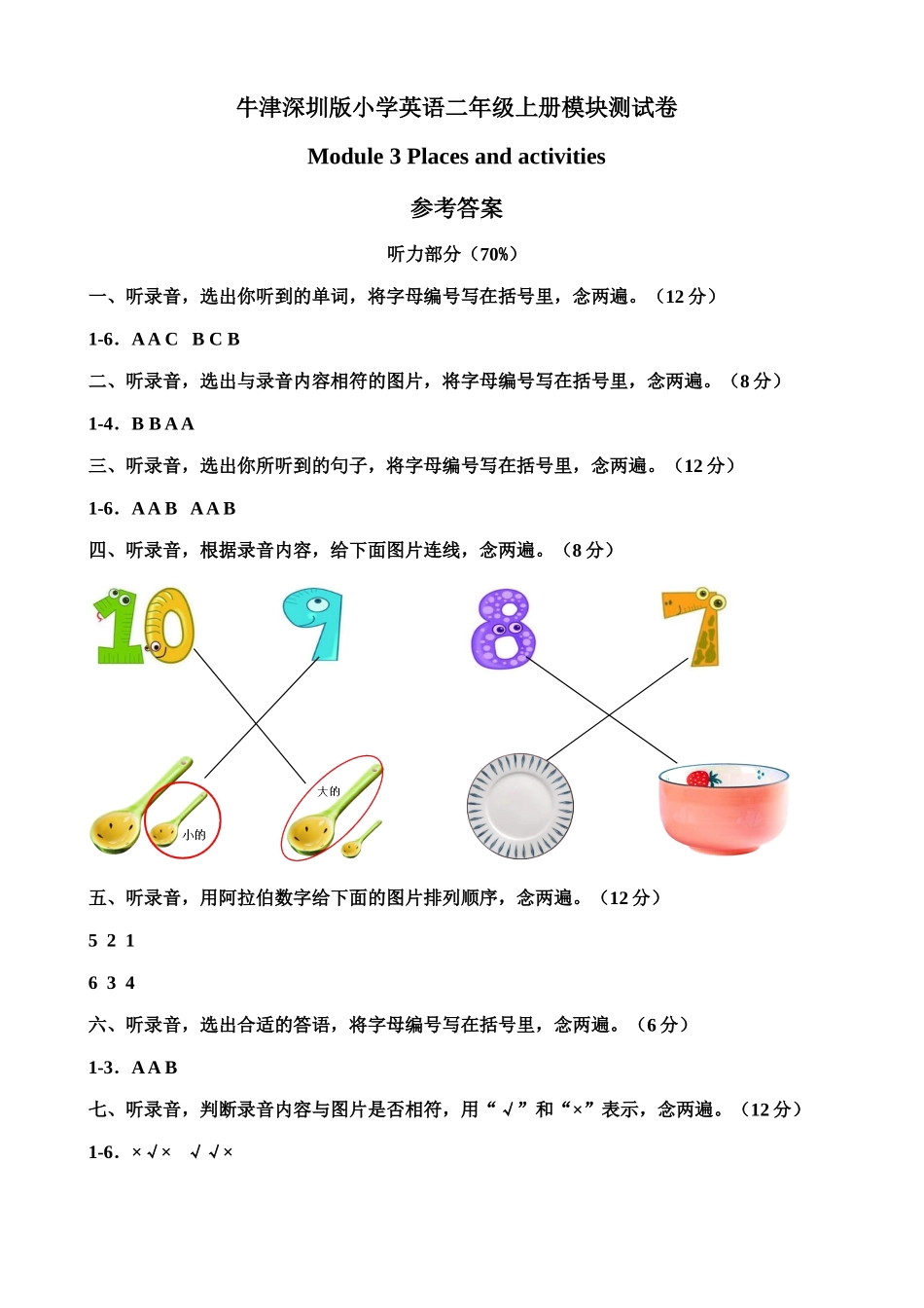 （参考答案）牛津深圳版二年级上册 Module 3 Places and activities 模块测试卷.doc_第1页