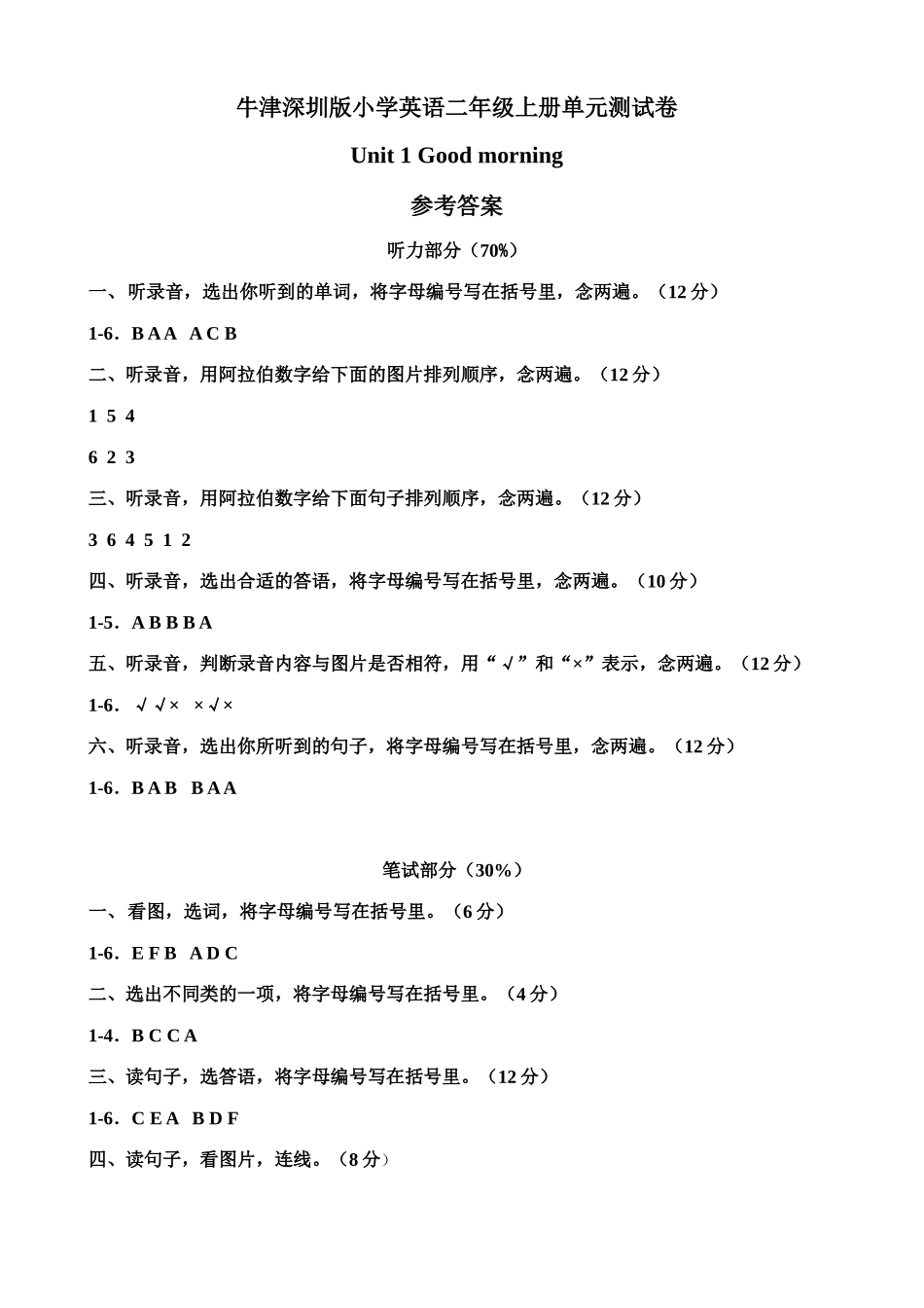 （参考答案）牛津深圳版二年级上册 Unit 1 Good morning 单元测试卷.doc_第1页
