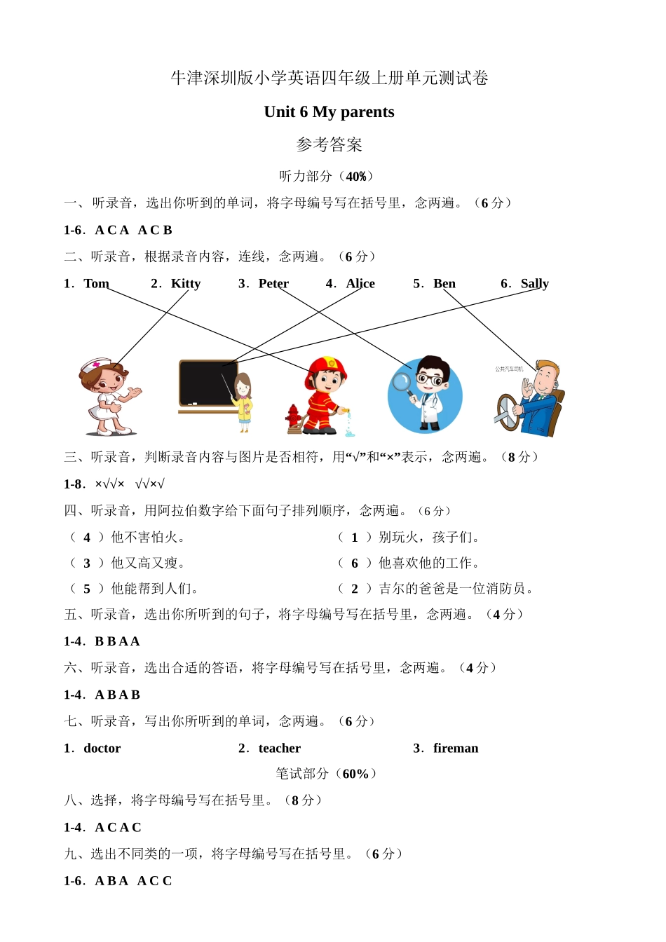 （参考答案）牛津深圳版四年级上册 Unit 6 My parents 单元测试卷.doc_第1页