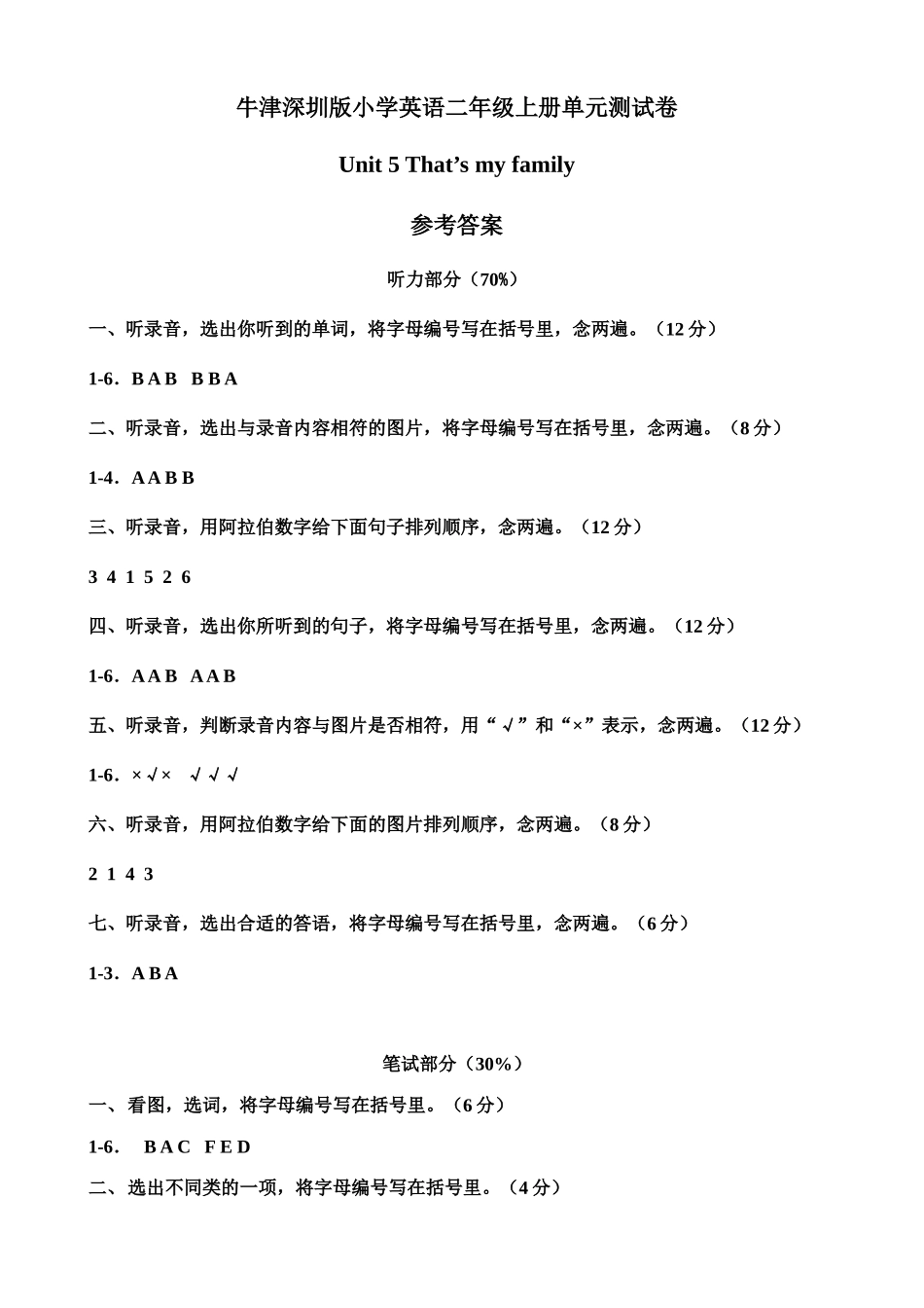 （参考答案）牛津深圳版二年级上册 Unit 5 That's my family 单元测试卷.doc_第1页