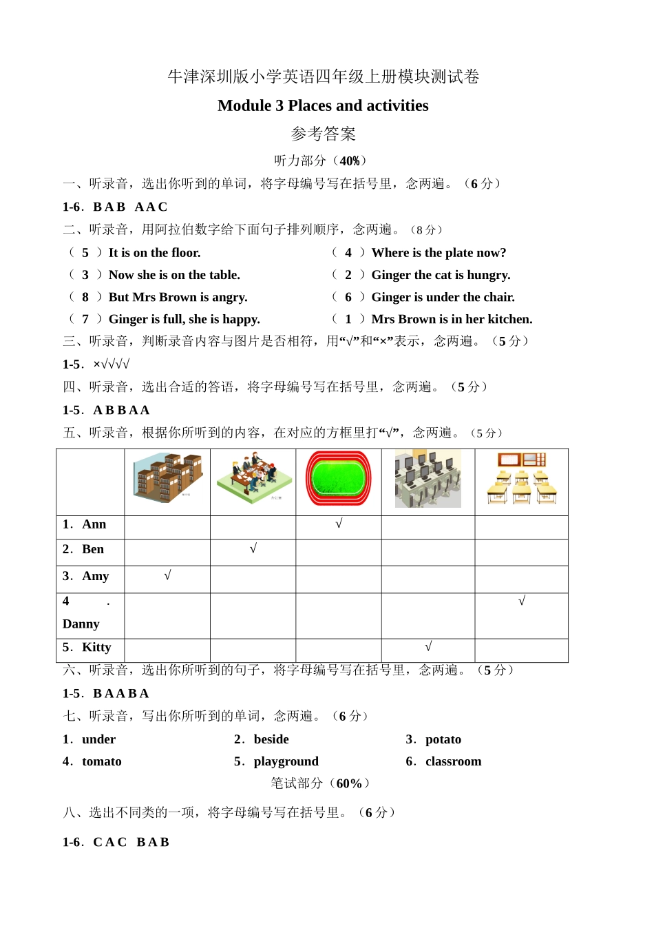 （参考答案）牛津深圳版四年级上册 Module 3 Places and activities 模块测试卷.doc_第1页