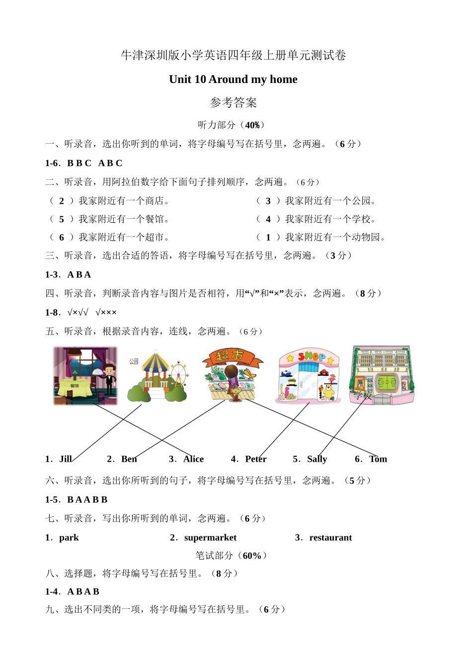 （参考答案）牛津深圳版四年级上册 Unit 10 Around my home 单元测试卷.doc_第1页