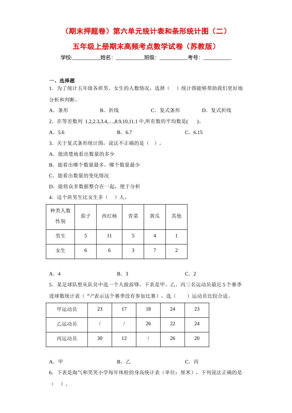 （期末押题卷）第六单元统计表和条形统计图（二）（单元测试）五年级上册期末高频考点数学试卷（苏教版）.docx_第1页