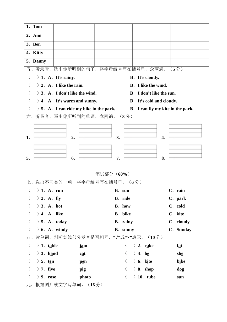 牛津深圳版四年级上册 Unit 12 Weather 单元测试卷.doc_第2页