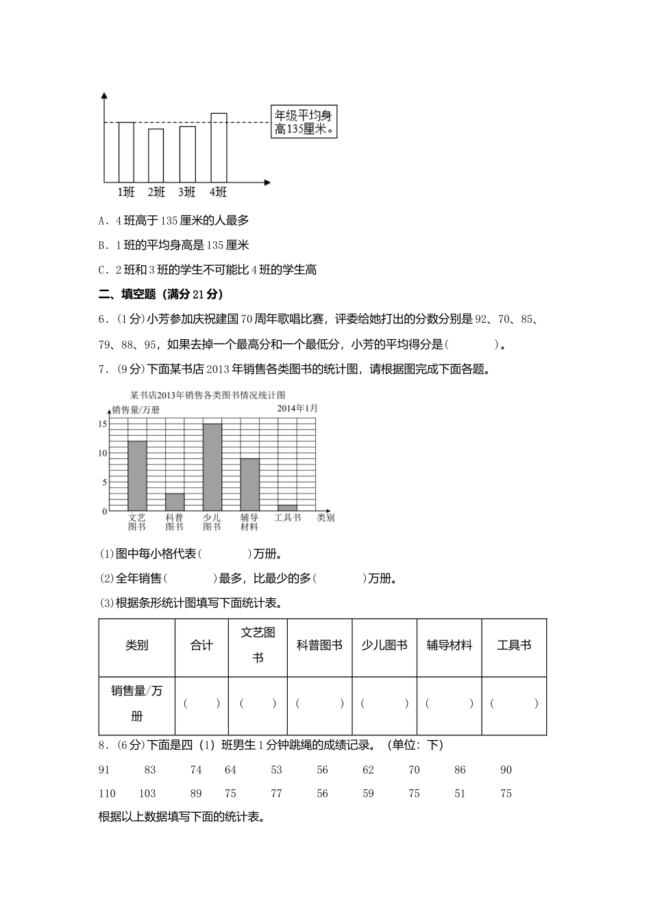 【单元AB卷】四年级上册数学分层训练A卷-第四单元 统计表和条形统计图（一）（单元测试）（苏教版含答案）.docx_第2页