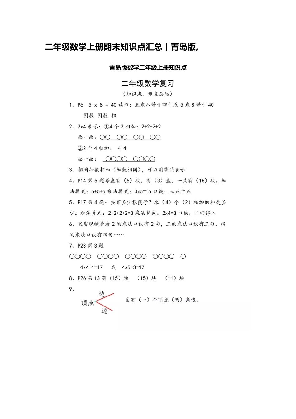 二（上）青岛版数学重点知识点预习.docx_第1页