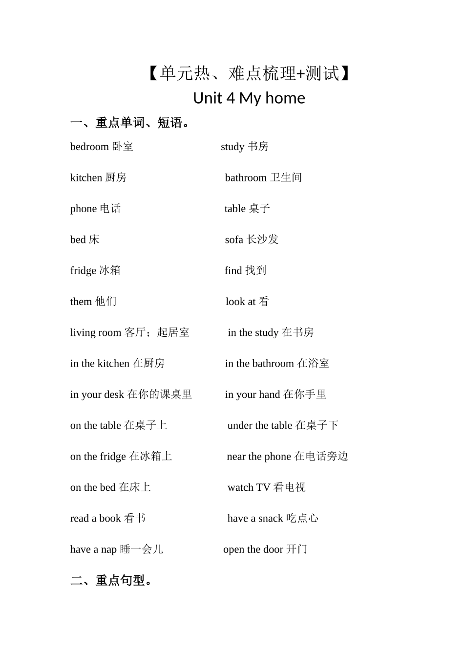 【单元热点难点】 四年级英语上册Unit4 My home 教材知识梳理+测试 人教PEP版.docx_第1页
