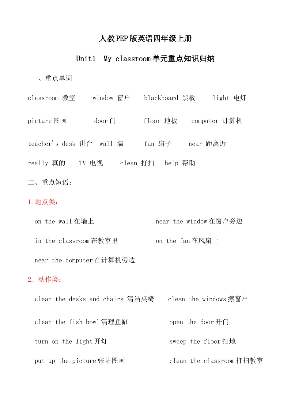 【考点一网打尽】四年级上册英语单元重点知识归纳-Unit 1 My classroom人教PEP.docx_第1页