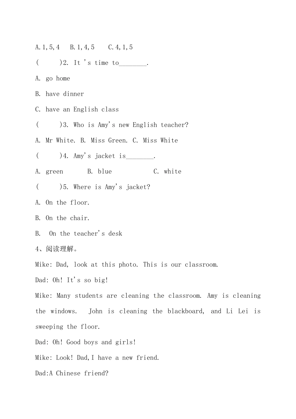 【阅读专项】人教版PEP 四年上册英语期末阅读专项测试卷（一）（含答案）.docx_第3页