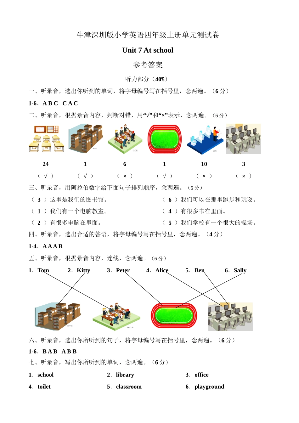 （参考答案）牛津深圳版四年级上册 Unit 7 At school 单元测试卷.doc_第1页