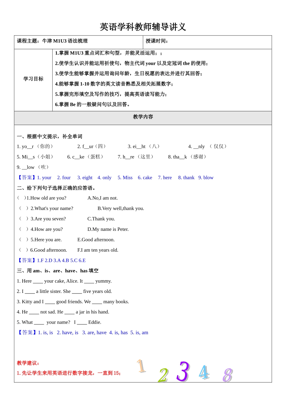 牛津英语-三年级-第3讲-M1U3重点词汇句型语法教案 教师版.docx_第1页