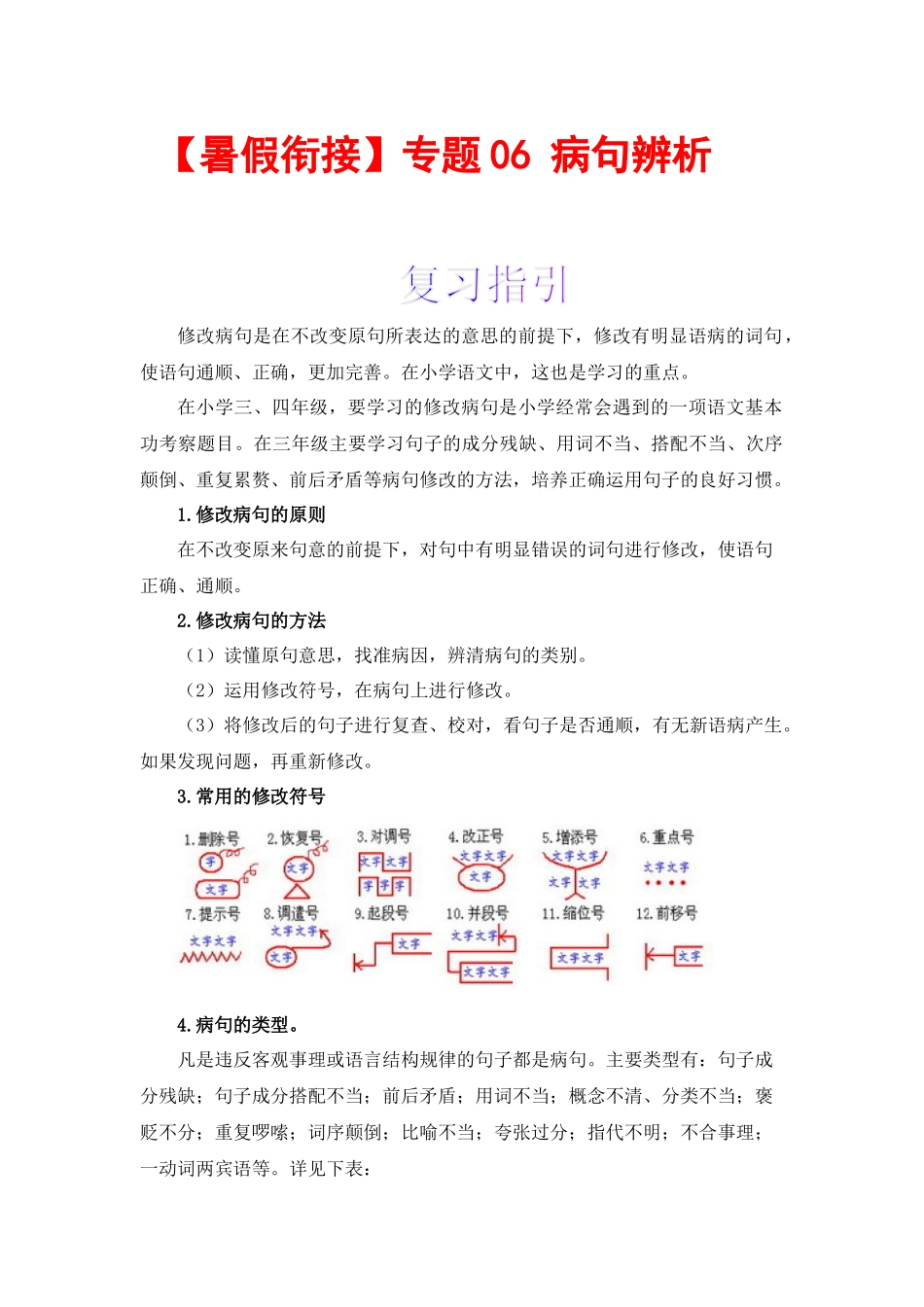 三升四暑假衔接语文知识点专题06 病句辨析 （讲义+试题） 部编版.docx_第1页