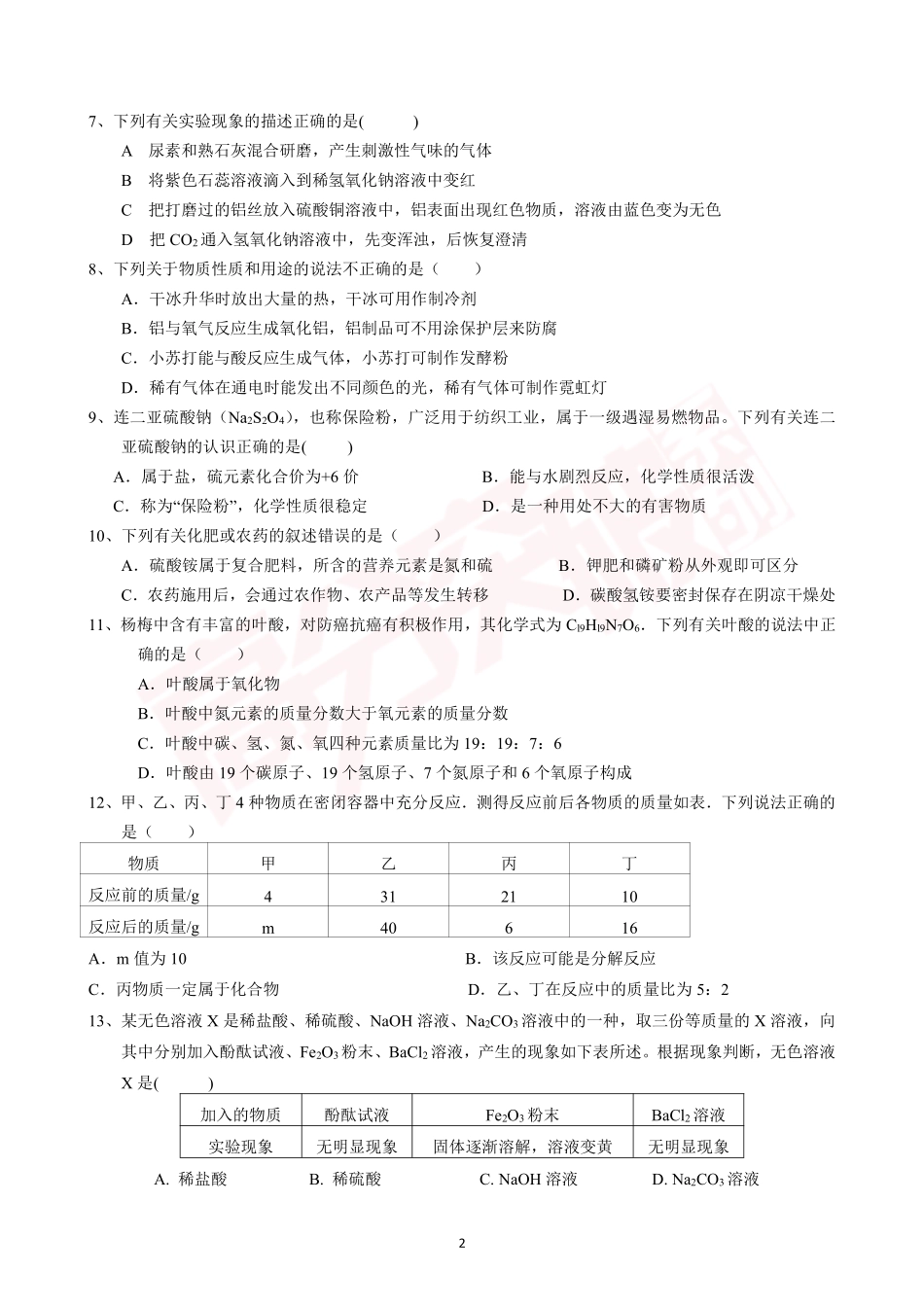 2021广东名校初中学业水平化学模拟试题.pdf_第2页
