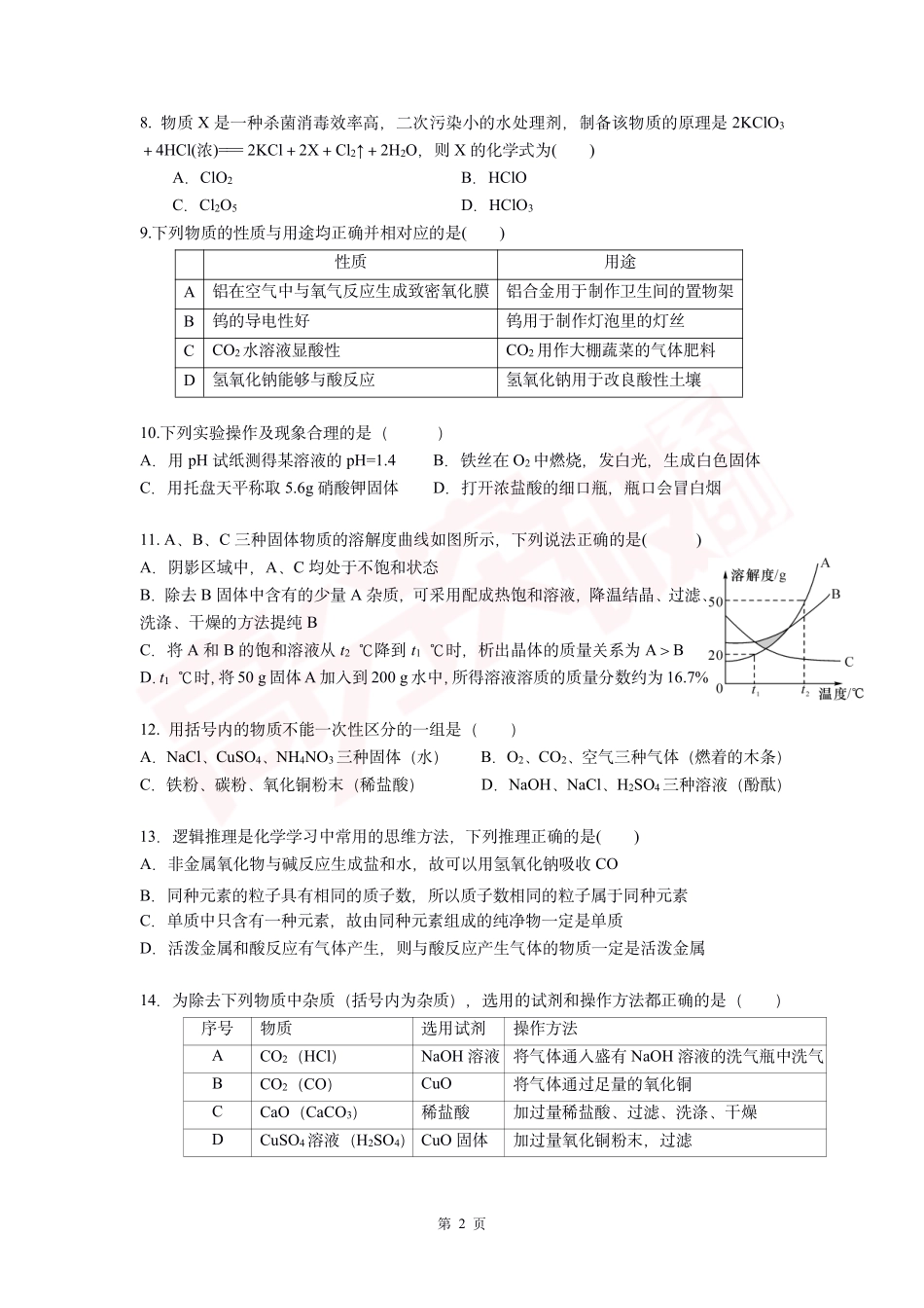 2020-2021第二学期一模化学试题.pdf_第2页