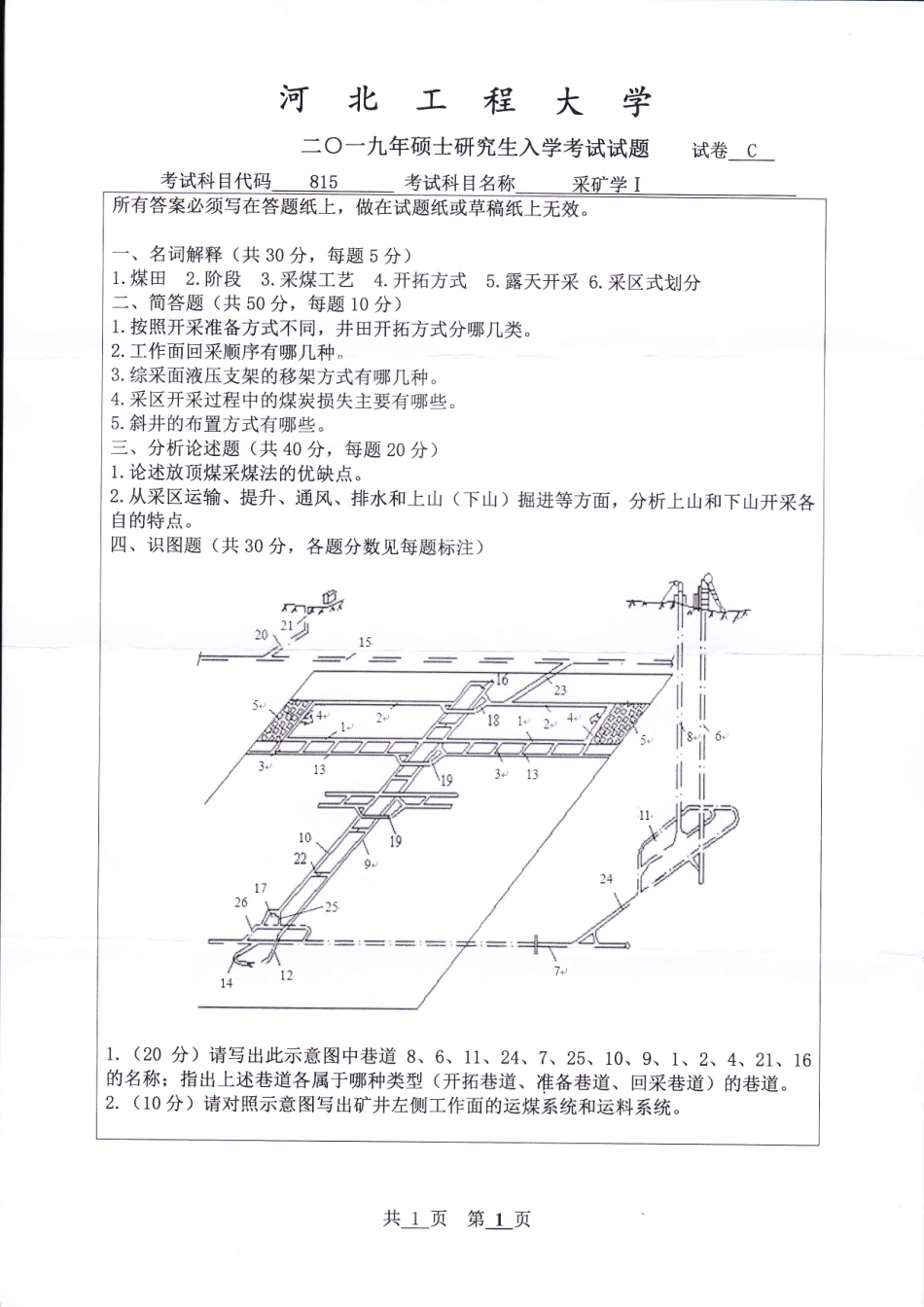 河北工程大学+2019年+采矿学Ⅰ.pdf_第1页