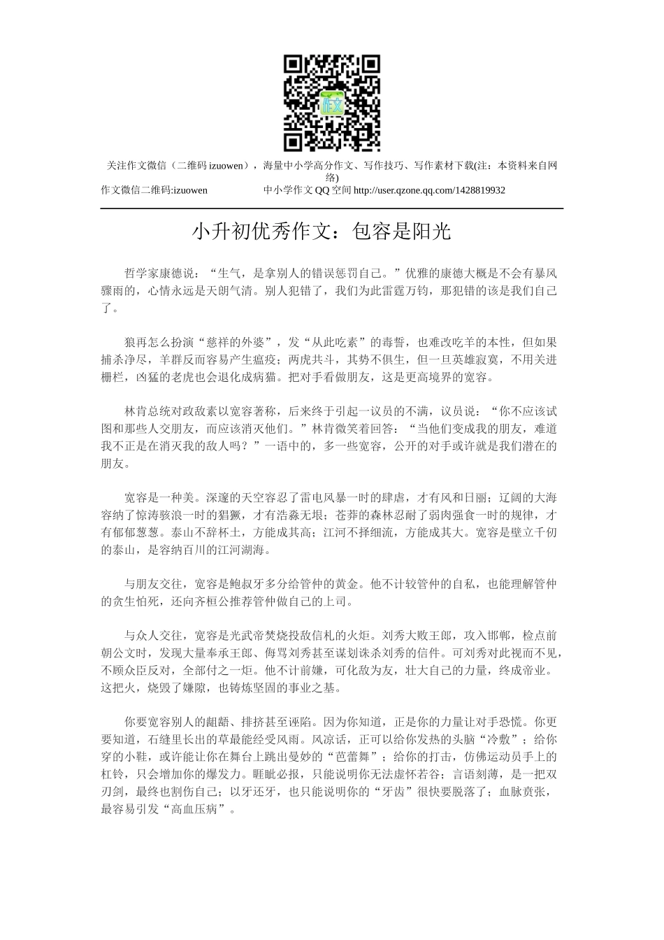 小升初优秀作文：包容是阳光.docx_第1页