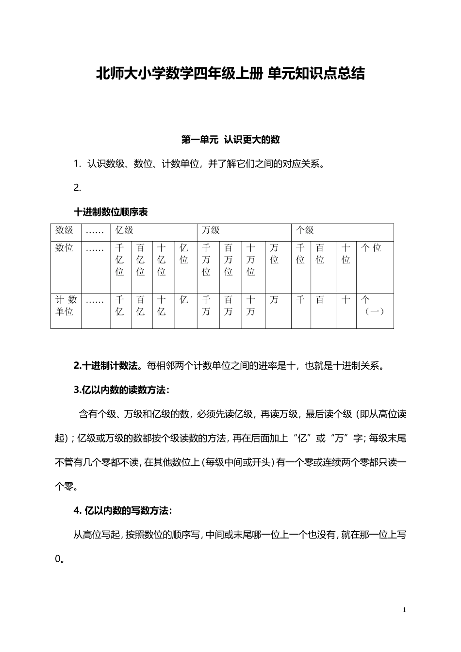 北师大小学数学4上 单元知识点总结（8页）.doc_第1页