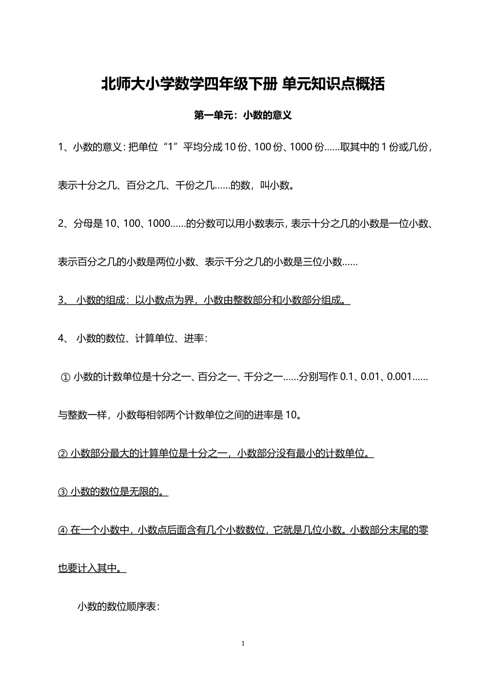 北师大小学数学4下 单元知识点概括（14页）.doc_第1页