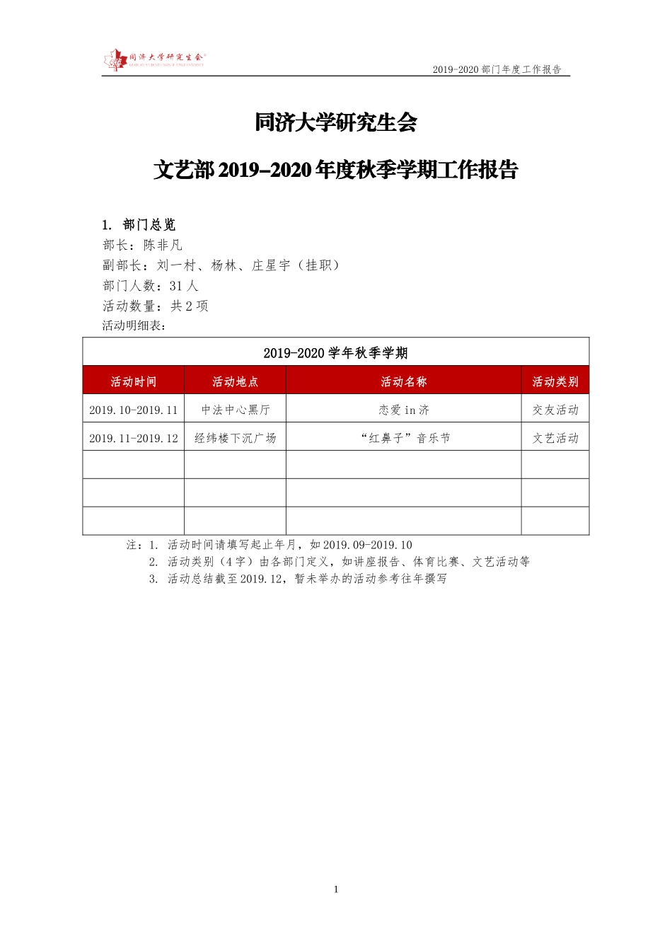 【文艺部】同济大学研究生会2019-2020年度秋季学期工作报告.doc_第1页
