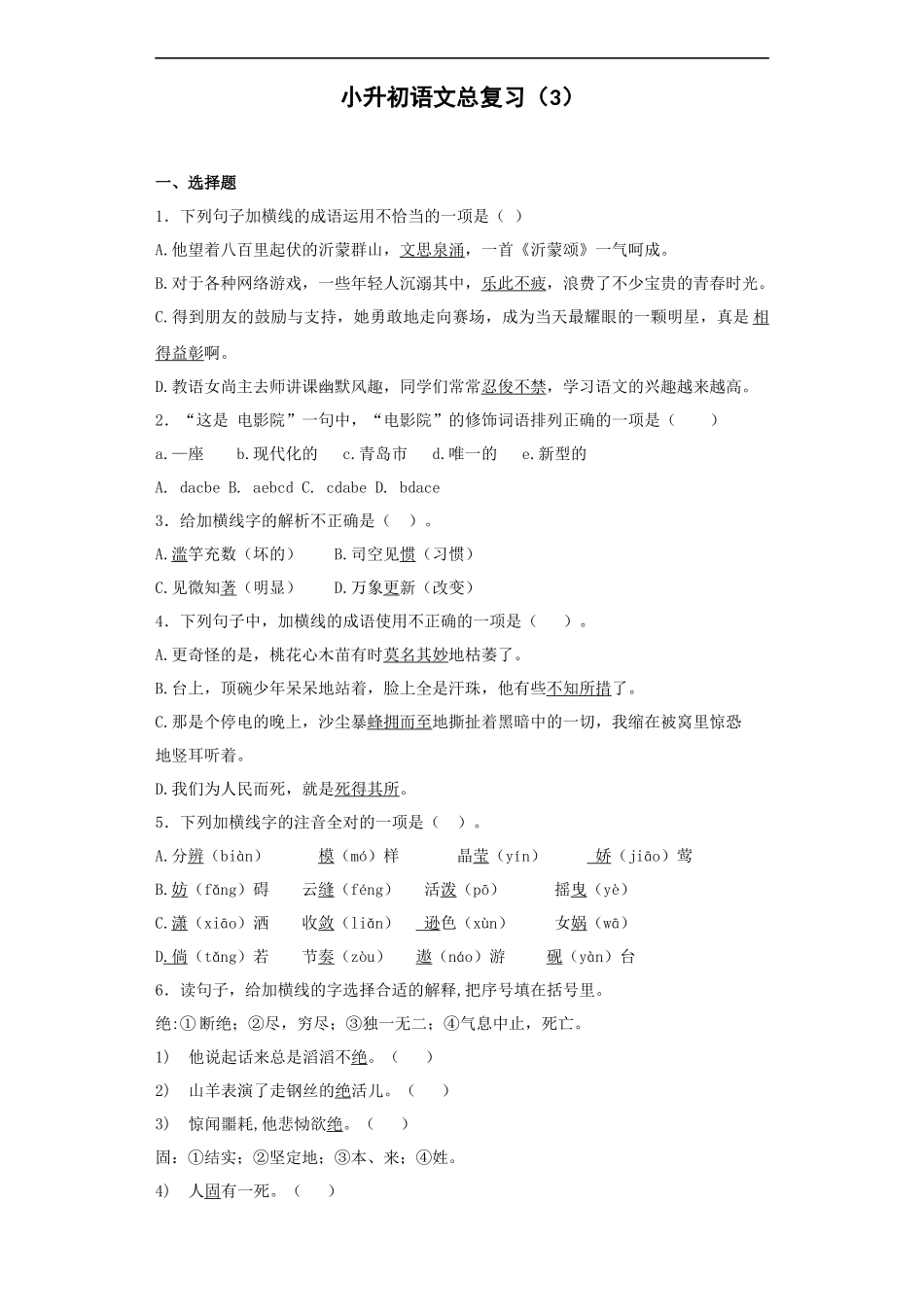 【精品】小升初语文知识专项训练-总复习3（22页）.docx_第1页