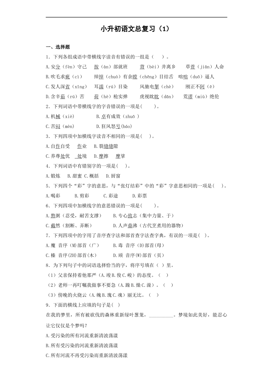 【精品】小升初语文知识专项训练-总复习1.docx_第1页