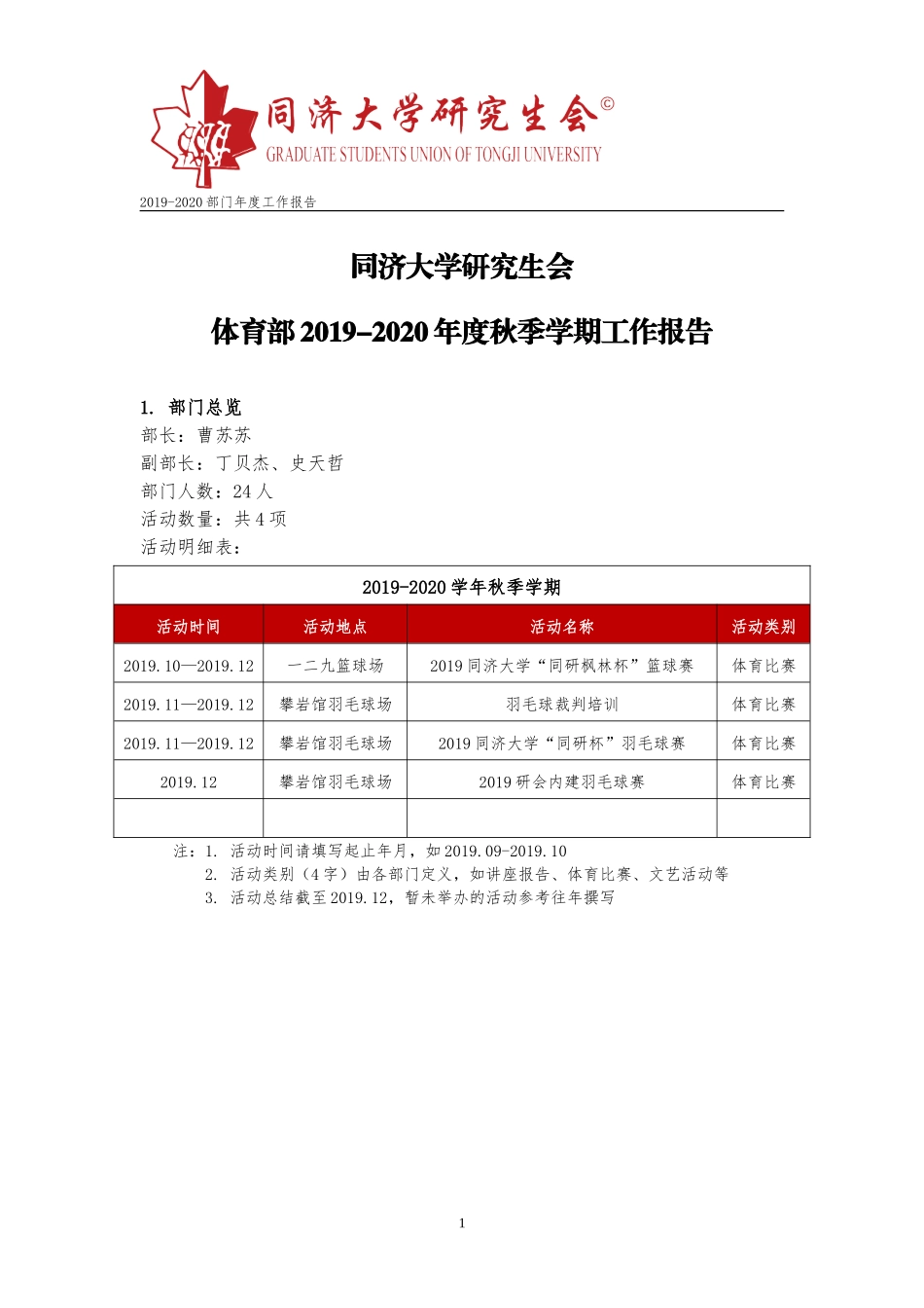 【体育部】同济大学研究生会四平2019-2020年度秋季学期工作报告.doc_第1页