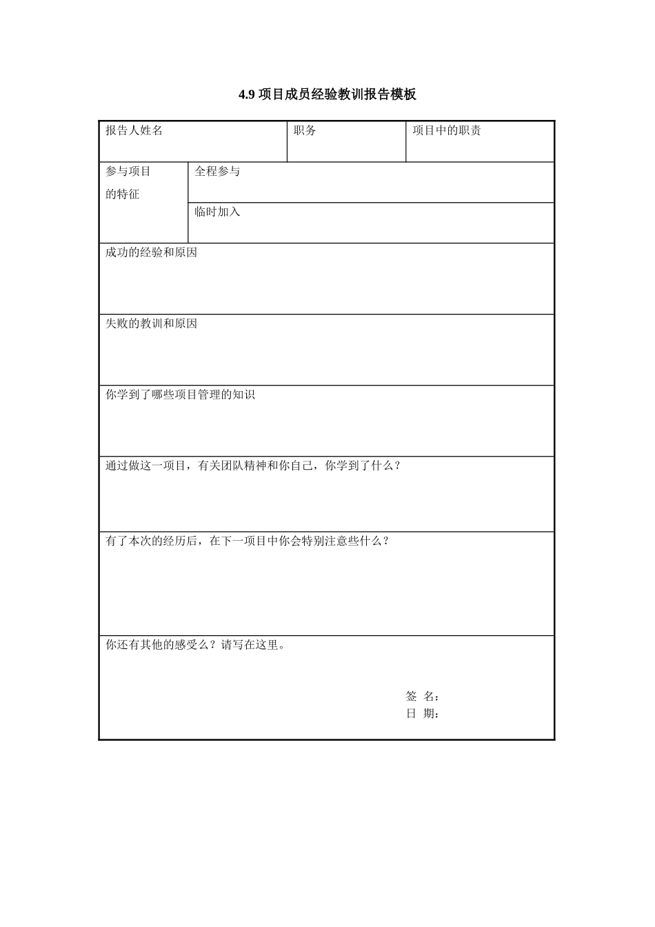 4.9 项目成员经验教训报告模板.doc_第1页