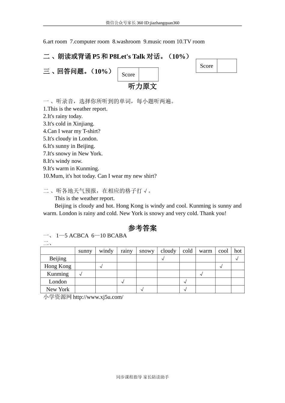 人教版小学四年级英语下册unit4 It's Warm Today单元测试卷1带答案.doc_第3页