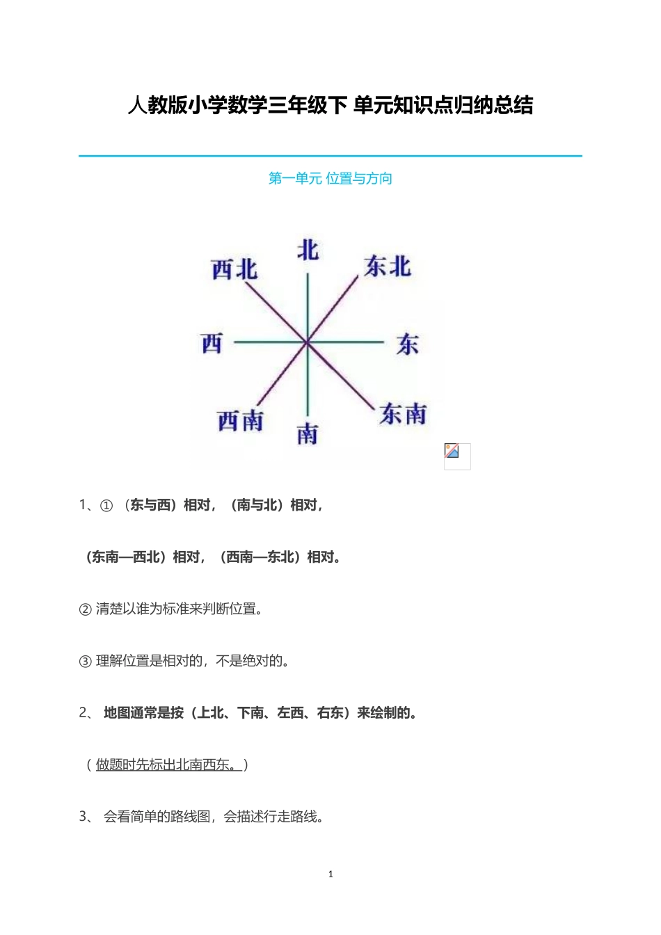 人教小学数学3下 单元知识点归纳总结（21页）.doc_第1页